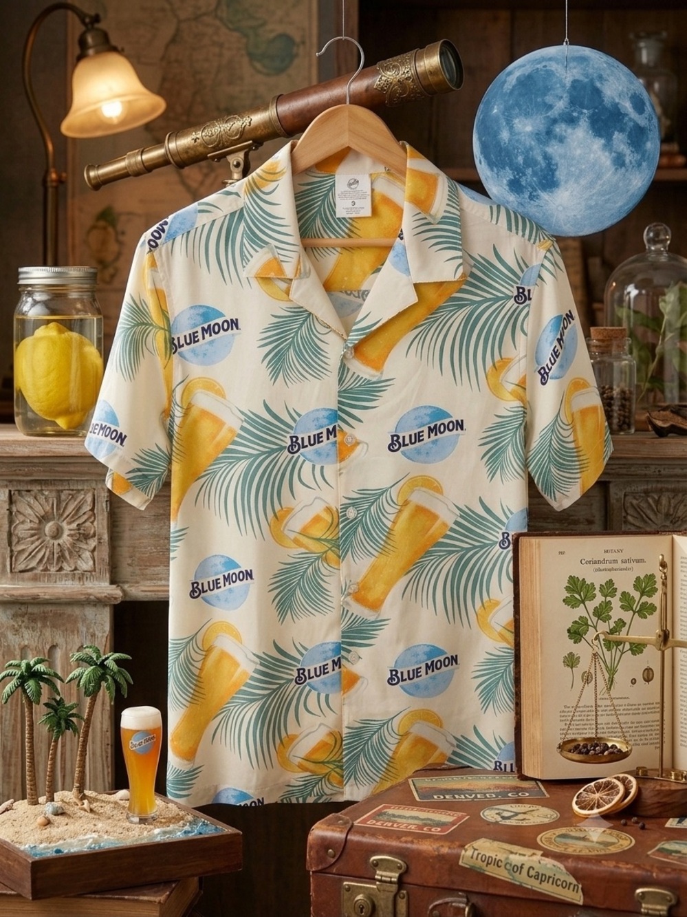 Blue Moon Tropical Print Short-Sleeve Button-Down Shirt - Cream/Yellow